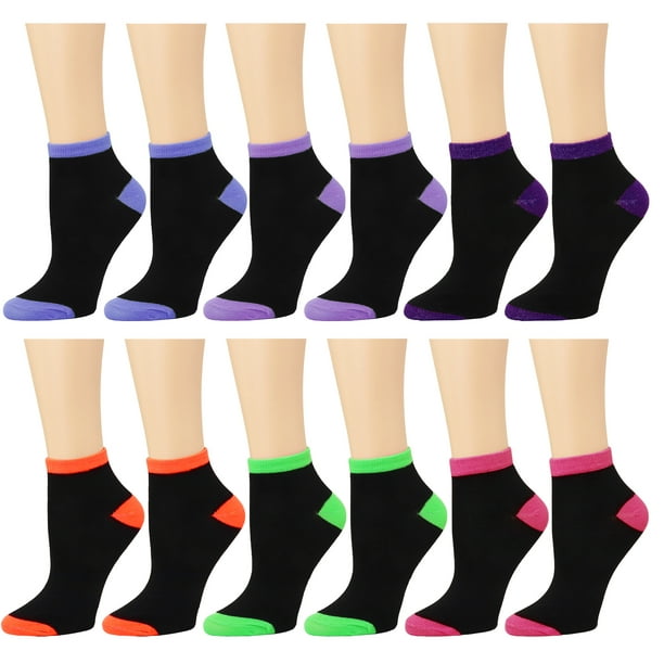 6-12 Pairs Cotton Women Ankle Low Cut School Casual Socks 9-11 Black Two Tones 